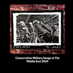 May include: A black and white photo of a crowd of people raising their hands in the air. The photo is framed and mounted on a brick wall. The text "CMI 2024" and "Fa 2024" is written in white on the bottom of the frame. The caption below the photo reads "Conservative Military Image at The Middle East 2024".