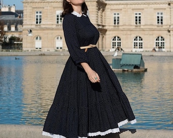 Vintage Boho Polka Dot Midi Dress with Peter Pan Collar, Cottagecore Style  Dress, Bohemian Polka Dot Maxi Dress, Retro Dark Dress