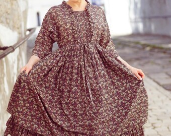 Cottage core dress, Brown floral maternity dress, Casual baggy dress, Flower printed gown, Old-Fashioned dress, Milkmaid dress