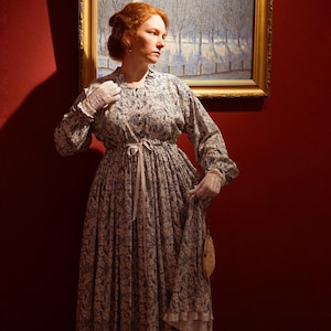 Vintage Modest Dress, Elegant Victorian Outfit, Oversized Cottagecore Gown with Paisley Print, Edwardian Long Sleeve Floral Garden Dress