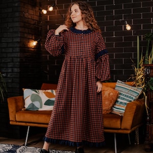 Boho Tartan Plaid Warm Dress, Flannel Preppy Custom Made Dress, Elegant Button Front Dress with Long Sleeve, Retro Midi Prairie Dress