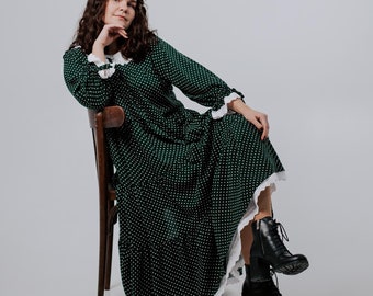 Vintage Inspired Rayon Dress, Flowy Long Sundress, Custom Modest Style Dress, Maxi Polka Dot Dress, Handmade Romantic Flowy Dress