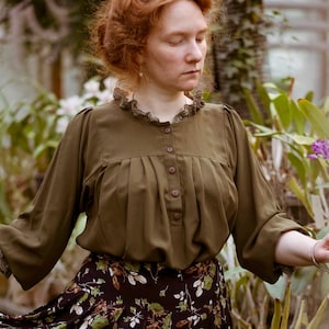 Blusa victoriana bohemia con volantes en verde, camisa campesina eduardiana, top romántico estilo cottagecore, blusa vintage de talla grande, camisa retro de verano