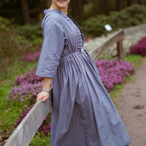 Garden Picnic Dress, Christian Church Dress, Ruffled Bishop Sleeve Dress, Handmade Cottagecore Dress, Modest Blue Prairie Dress, Wife Gift