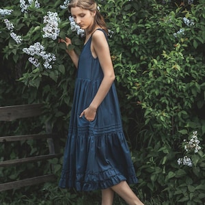 Summer Retro Inspired Dress, Flowy Tiered Midi Sundress, Vintage-Inspired Pleated Midi, Elegant Blue Casual Dress, Girlfriend Birthday Gift