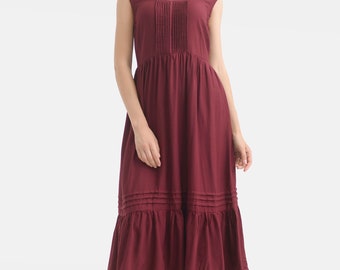 Red Boho Midi Tiered Sundress, Spring Pleated Peasant Ruffle Gown