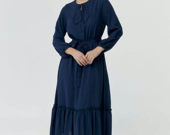 Vestido midi azul estilo cottagecore, vestido victoriano estilo pradera con cinturón, vestido vintage de manga larga, atuendo modesto para maestra, vestido renacentista de otoño