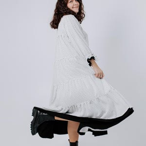 Modest Polka Dots Ruffled Flowy Dress, Boho Womens Dress, Long Sleeve Colonial House Dress, Pioneer Period Dress, Midi Prairie Dress