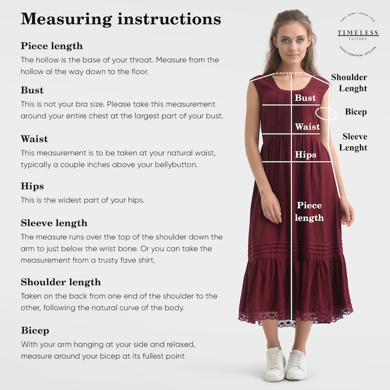 Pode incluir: Uma mulher em um vestido bord&ocirc; com etiquetas de medi&ccedil;&atilde;o para busto, cintura, quadris e comprimento da manga. A imagem inclui texto explicando como medir o comprimento da pe&ccedil;a, busto, cintura, quadris, comprimento da manga, comprimento do ombro e b&iacute;ceps.
