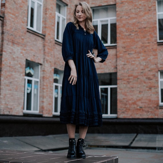 Flowy Pleated Swing Dress, Boho Chic Ruffled Cottagecore Dress, Tiered Midi Holiday Dress, Retro Lace Collar Dress, Gathered Birthday Dress