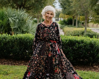 Black Floral Handmade Dress, Boho Quilted Tiered Midi Dress, Vintage Hippie Outfit Gown, Gift for Mom or Grandma, Cozy Patchwork Summer Gown