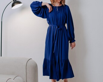 Flowy Midi Dress with Long Sleeves, Modest Cottagecore Dress, Belted Prairie Dress, Vintage Inspired Wedding Guest Dress, Gift for Wife