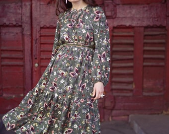 Spring women modest dress with long sleeves and flower print, vacation dress for spring travels and cozy evenings cocktails