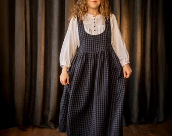 Retro Plaid Pinafore Dress, Sleeveless Wool Midi Dress, Gathered Cottagecore Dress, Warm Winter Overall Dress, Formal Check Dress