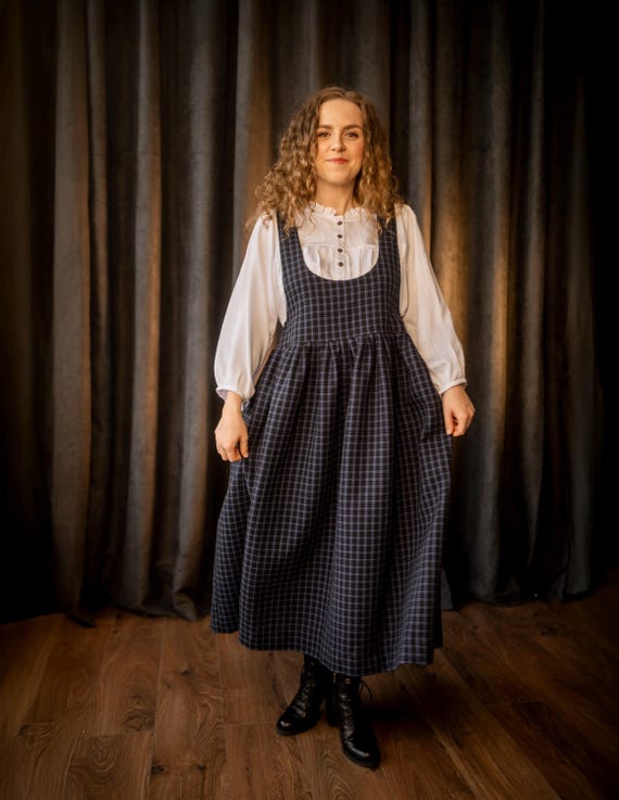 pinafore dress formal Woman Red Linen Midi Pinafore Dress, Linen Apron Dress, Linen Dress, Natural Washed Slub Smock with Pockets, Pleated Linen Dress 2823#