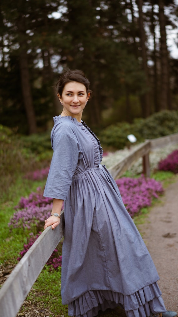 Garden Picnic Dress, Christian Church Dress, Ruffled Bishop Sleeve