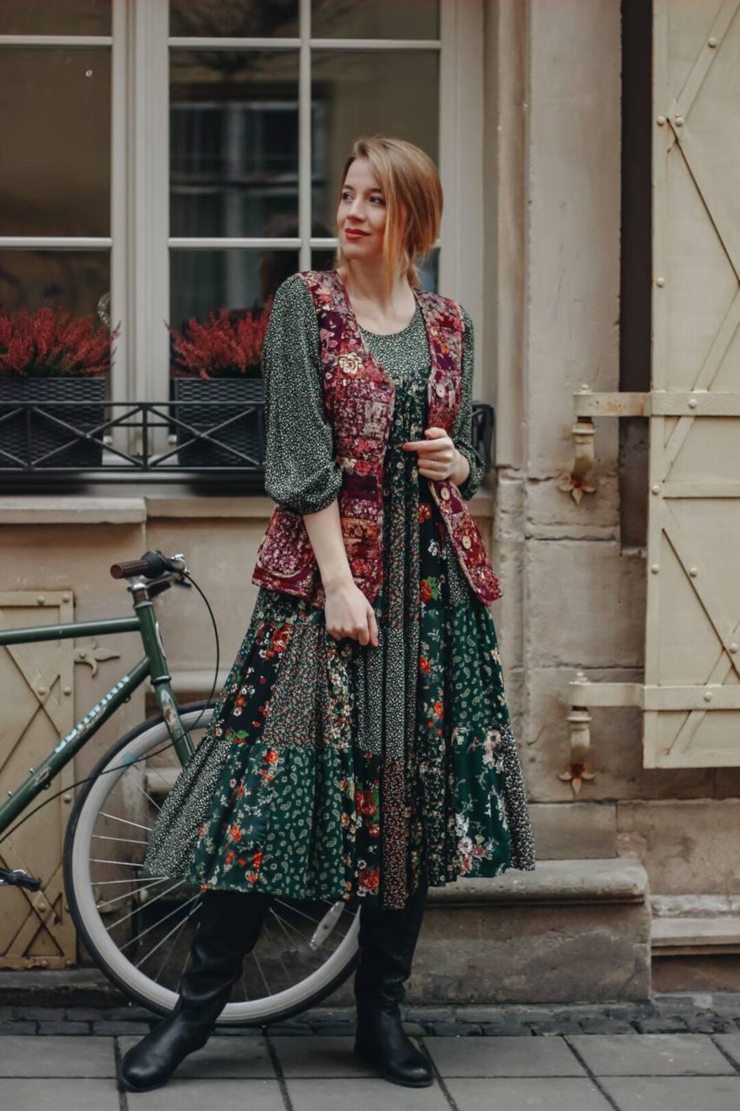 Boho Set Quilt Dress and Patchwork Vest, Retro Modest Patchwork Dress,  Casual Flower Gypsy Waistcoat, Festival Hippie Clothes, Gift for Her - Etsy