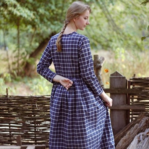 Retro Gingham Midi Dress, Boho Check Midi Dress, Long Sleeve Plaid Midi Dress, Cottagecore Gingham Dress, Check Church Sleeve Dress