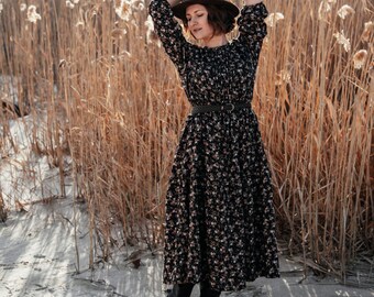 Vestido modesto floral Prairie, vestido colonial midi primavera, vestido boho cottagecore fluido, vestido retrô solto para o dia a dia, vestido gunne sax