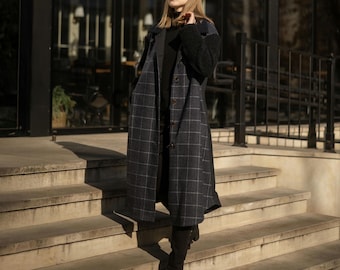 Wool Patchwork Coat, Quilted Fall Coat, Cozy Cottagecore Autumn Coat, Boho Long Jacket, Plus Size Outerwear
