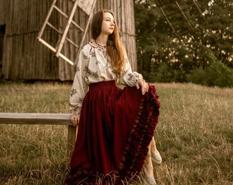 Red Maxi Skirt With Ruffles, Vintage Style Skirt, Cottagecore Ethnic Skirt, Midi Circle Piano Skirt