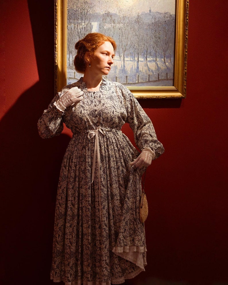 Vintage Modest Dress, Elegant Victorian Outfit, Oversized Cottagecore Gown with Paisley Print, Edwardian Long Sleeve Floral Garden Dress