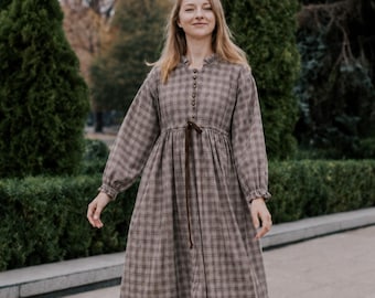 Brown Plaid Cottagecore Midi Dress XS Size, Long Sleeve Tartan Dress, Modest Flannel Dress, Ready to Ship