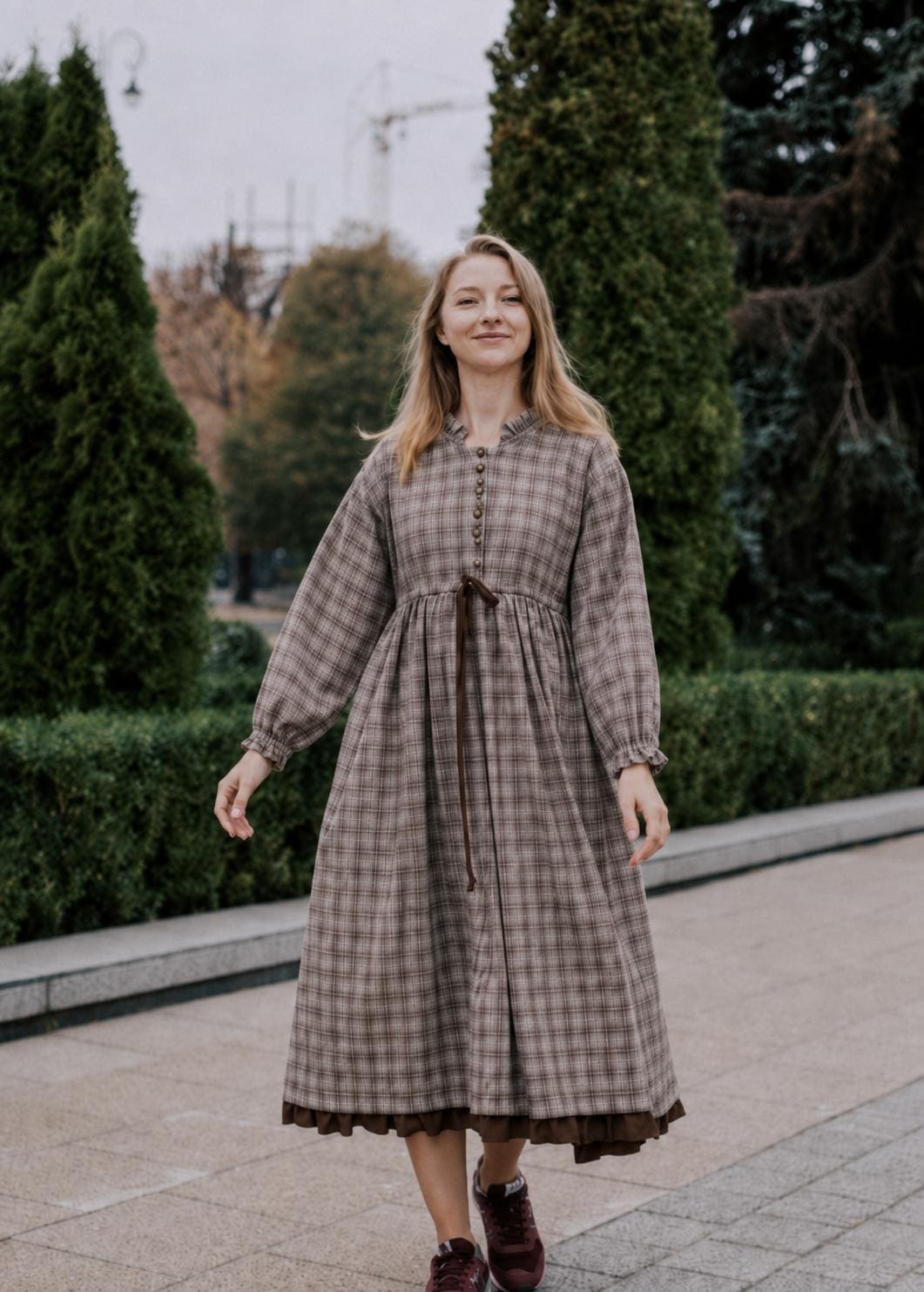brown plaid fall dress Midi Fit and flared Length M8866D Summer Bridesmaids Dress Style Size:UK XS (In-Rental)