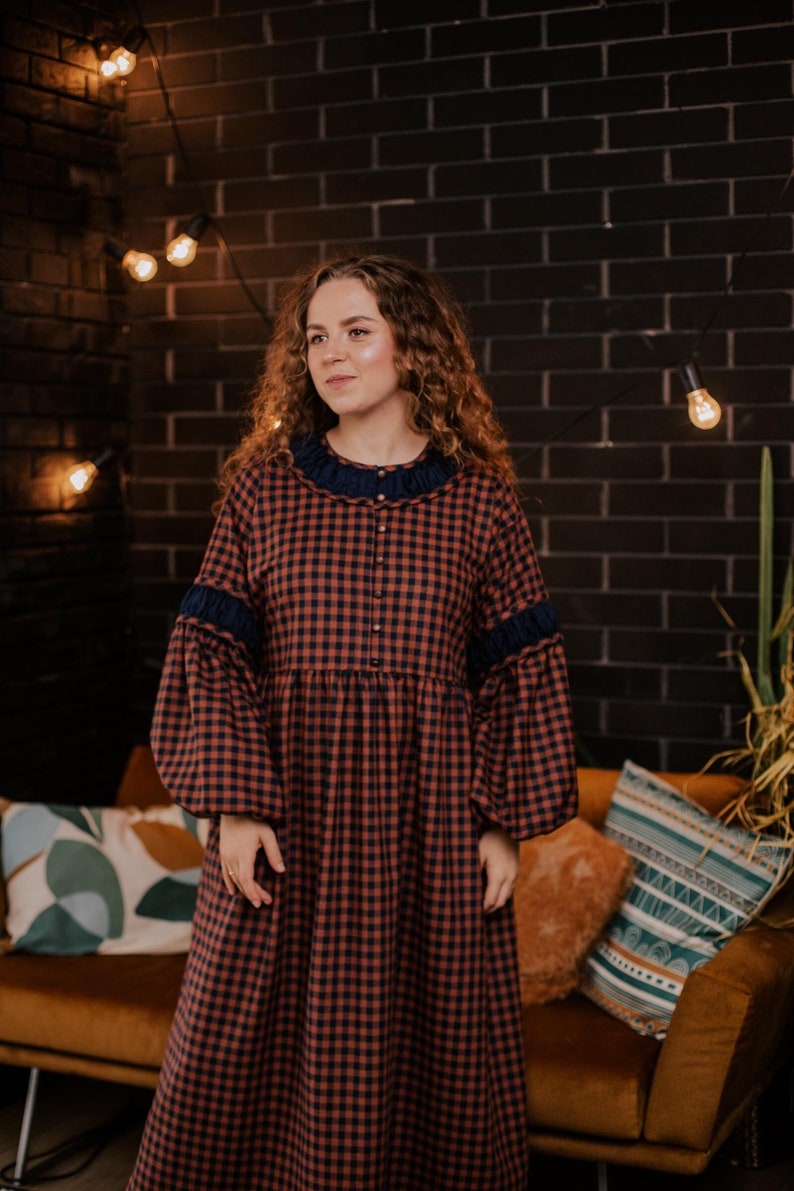 Warm Winter Dress with High Waist and Puff Sleeve, Flannel Midi Christmas Holiday Dress, Gathered Checkered Dress, Cottagecore Plaid Dress
