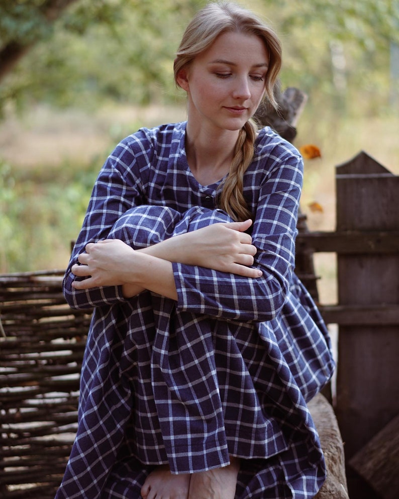 Vestido campestre midi de cuadros vichy, vestido de picnic modesto con bolsillos, vestido a cuadros cottagecore con botones delanteros, vestido informal de tartán de manga larga. imagen 4
