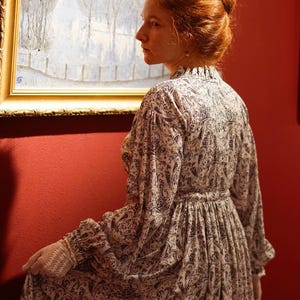 Vintage Modest Dress, Elegant Victorian Outfit, Oversized Cottagecore Gown with Paisley Print, Edwardian Long Sleeve Floral Garden Dress