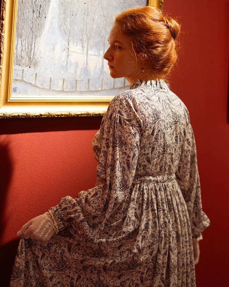 Vintage Modest Dress, Elegant Victorian Outfit, Oversized Cottagecore Gown with Paisley Print, Edwardian Long Sleeve Floral Garden Dress