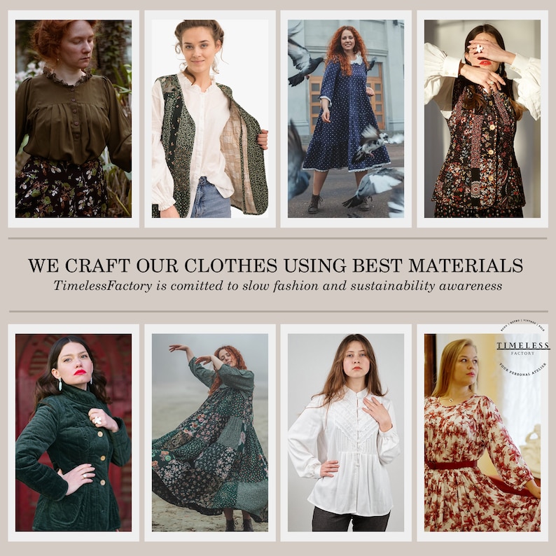 Puede incluir: Un collage de fotos que muestran a diferentes mujeres con distintos estilos de ropa. El texto "WE CRAFT OUR CLOTHES USING BEST MATERIALS" y "TimelessFactory is committed to slow fashion and sustainability awareness" se muestra en la parte superior del collage.