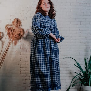 Cottagecore Flannel Dress, Warm Autumn Midi Dress, Puff Sleeve Flannel Dress, Long Sleeve Gingham Dress, Handmade Prairie Style Dress