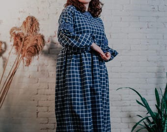 Sukienka w kratę Prairie, sukienka midi w stylu boho cottagecore, sukienka w kratkę z długim rękawem i wysokim stanem dla mamy
