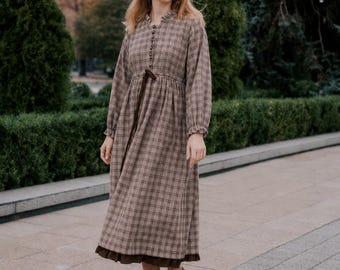 Brown Plaid Prairie Dress, Cottagecore Midi Dress, Vintage Tartan Dress, Modest Farmhouse Dress, Long Sleeve Rustic Dress, Ready to Ship XS
