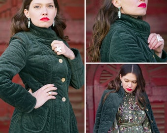 Quilted Warm Dark Emerald Plushy Velvet Gothic Victorian Waist-fitted Jacket for Women and Girls