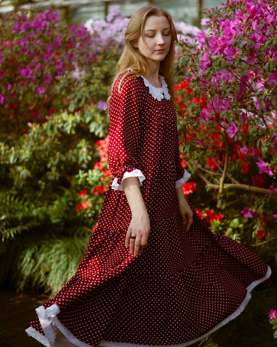 Red Vintage Polka Dot Party Dress, Cottagecore Victorian Tiered Dress, Retro Peter Pan Collar Gown, Spring Long dress Red Vintage Polka Dot Party Dress, Cottagecore Victorian Tiered Dress, Retro Peter Pan Collar Gown, Spring Long dress