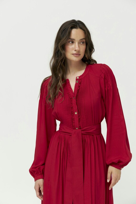 Romantic Red Midi Dress, Pleated Elegant Holiday Dress, Long Sleeve Vintage Dress, Victorian Inspired Retro Summer Dress, Chic Red Dress