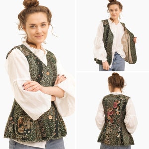 Quilted Womens Waistcoat, Floral Boho Persian Vest, Edwardian Linen Patchwork Vest, Tweed Sleeveless Jacket, Edwardian Festival Wear