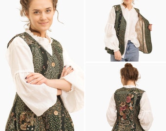 Green Quilted Patchwork Vest, Custom Waistcoat, Cotton Vest, Patchwork Top, Hand Made Vest, Festival Top Vest, Boho Vest Patchwork