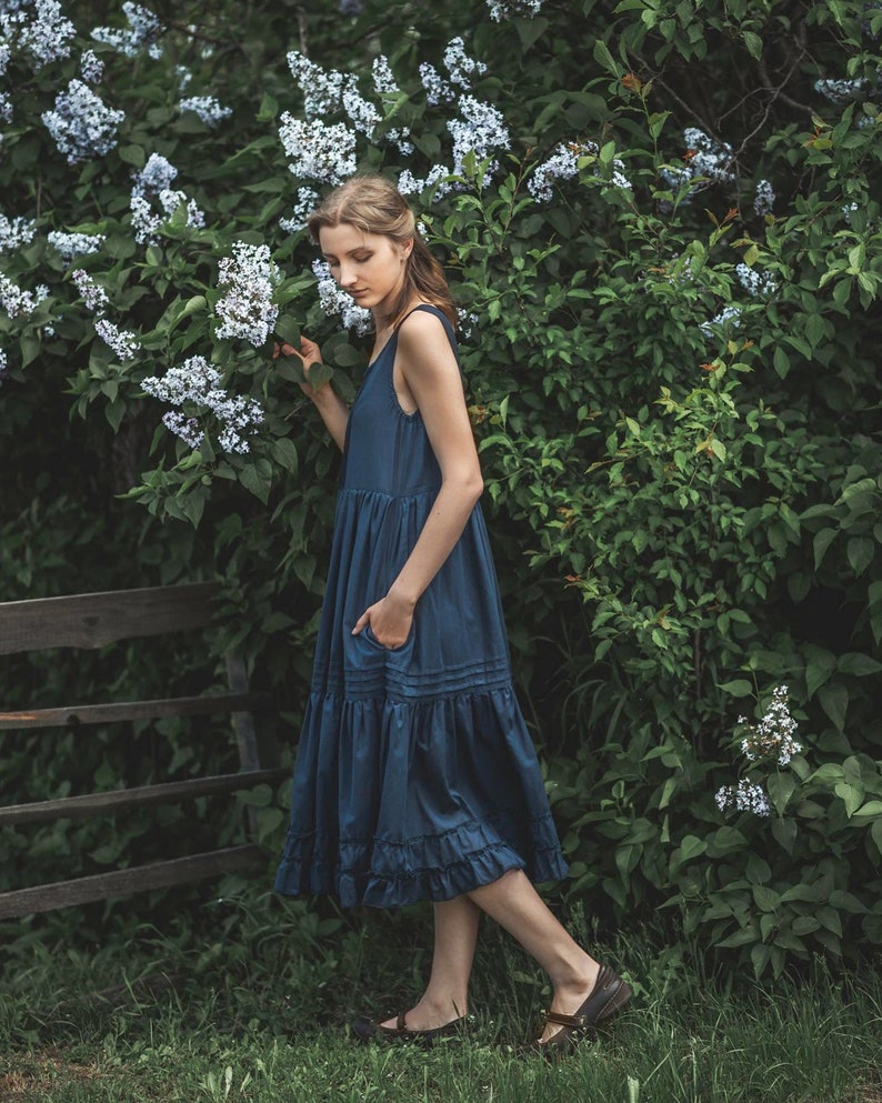 Dark Blue Midi Pinafore Resort Sundress, Summer Vacation Girl's Dress, Girls Holiday Dress, Loose Comfy Romantic Dress image 8
