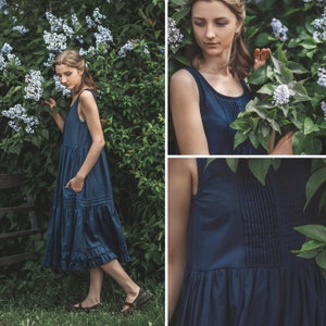 Dark Blue Midi Pinafore Resort Sundress, Summer Vacation Girl's Dress, Girls Holiday Dress, Loose Comfy Romantic Dress Main photo color