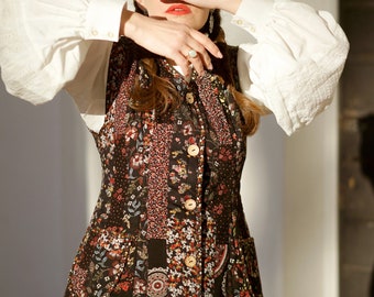 Boho Quilted Vest, Hippie Clothes, Ethnic Waist Coat, Floral Patchwork Womens Vest, Button Up Victorian Vest, Retro Folk Festival Vest