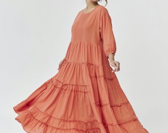 Orange langes Batistkleid, Maxi-Urlaubspartykleid, adrettes Kleid mit Taschen, Sommerkleid mit 3/4 Ärmeln, Heimkehrkleid