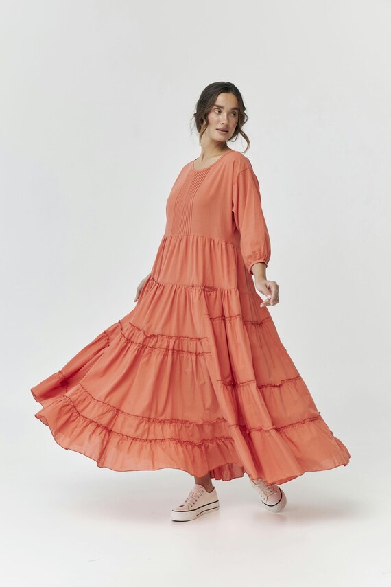 Orange Long Tiered Batiste Dress, Maxi Holiday Party Dress, Preppy Custom  Made Pocketed Dress, Sundress With 3/4 Sleeves, Homecoming Dress - Etsy New  Zealand