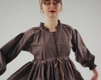 Kariertes Cottage Kern Midi Flanellkleid, Warmes Winter Heimkehr Kleid, Langarm Herbstkleid, Vintage Inspiriertes Abschlussball Kleid, Umstandskleid