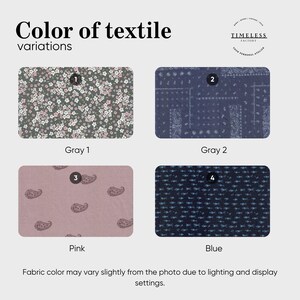 Pode incluir: Imagem mostrando quatro amostras de tecido com diferentes padr&otilde;es e cores. As amostras s&atilde;o rotuladas como Cinza 1, Cinza 2, Rosa e Azul. A amostra Cinza 1 tem um padr&atilde;o floral, Cinza 2 tem um design paisley, Rosa tem um padr&atilde;o paisley e Azul tem um padr&atilde;o de pontos.