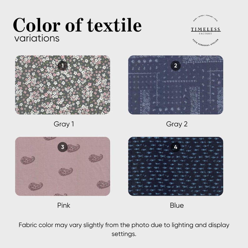 Pode incluir: Imagem mostrando quatro amostras de tecido com diferentes padr&otilde;es e cores. As amostras s&atilde;o rotuladas como Cinza 1, Cinza 2, Rosa e Azul. A amostra Cinza 1 tem um padr&atilde;o floral, Cinza 2 tem um design paisley, Rosa tem um padr&atilde;o paisley e Azul tem um padr&atilde;o de pontos.