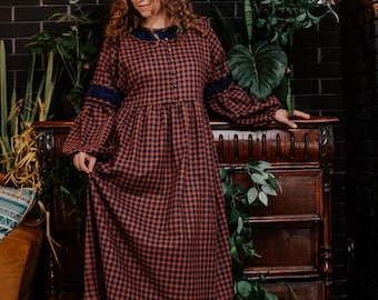 Warmes Frühlings Kleid mit Passe und Puffärmeln, Flanell Midi Retro Fairycore Kleid, Kariertes Raffung Kleid, Cottagecore kariertes Kleid